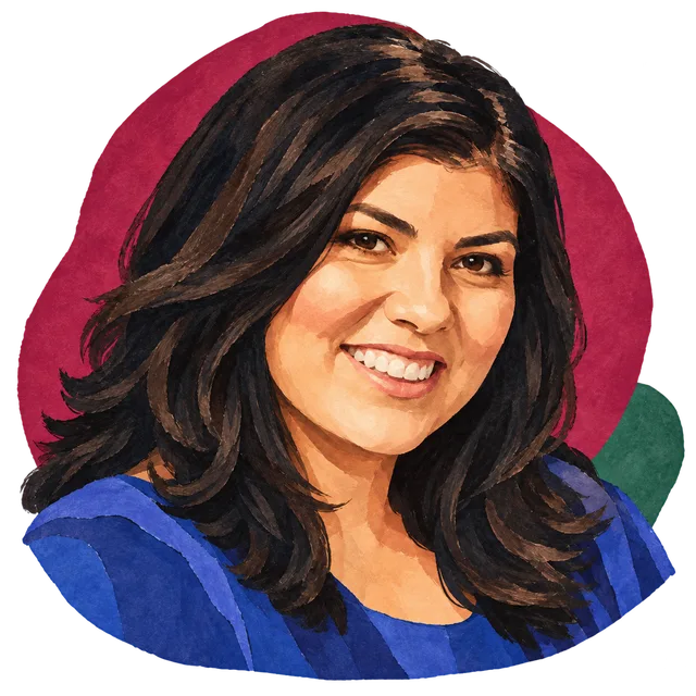 Auntie, a smiling woman with long dark hair